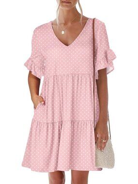 Anrabess Women's Pink Pound Dot Ruffle Sleeve A Line Tiered Mini Flowy Dress